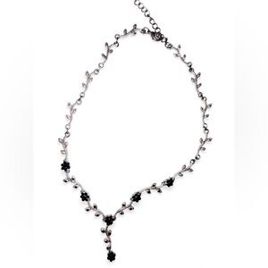 Christina Collection Black Flowers Silver 15-17 inch necklace with flower dangle